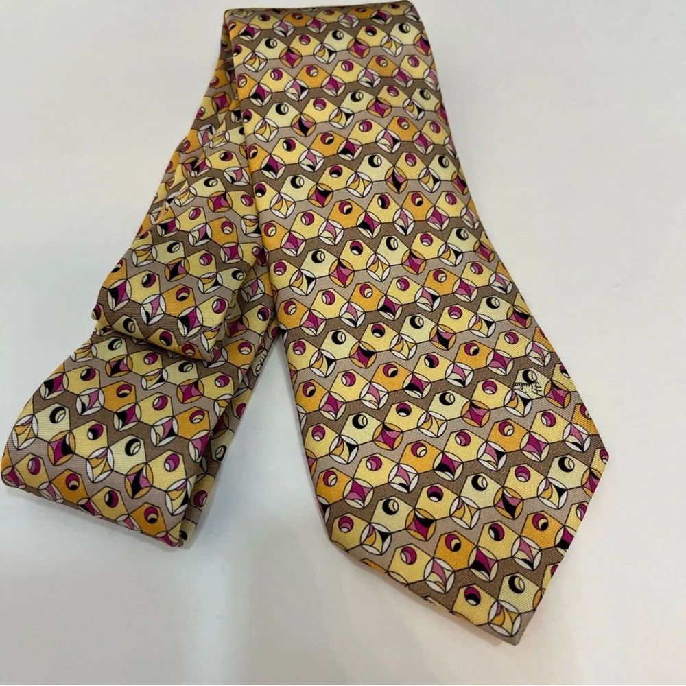 Emilio Pucci Geometric Yellow and‎ Pink Silk Tie